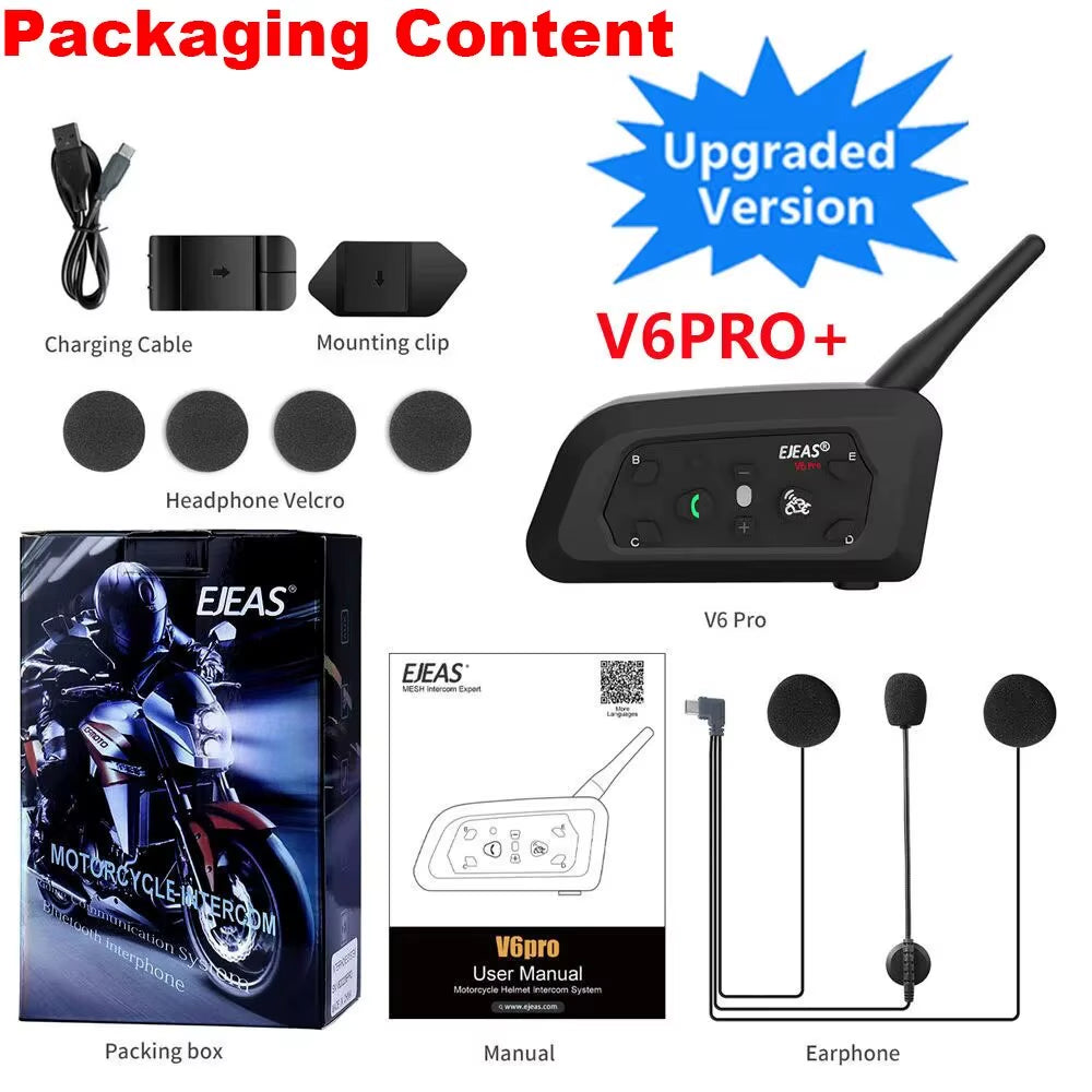 V6 PRO+ Motorcycle Helmet Headset Bluetooth Intercom Communicator 800M for 2 Riders IP65 Waterproof Music Interphone