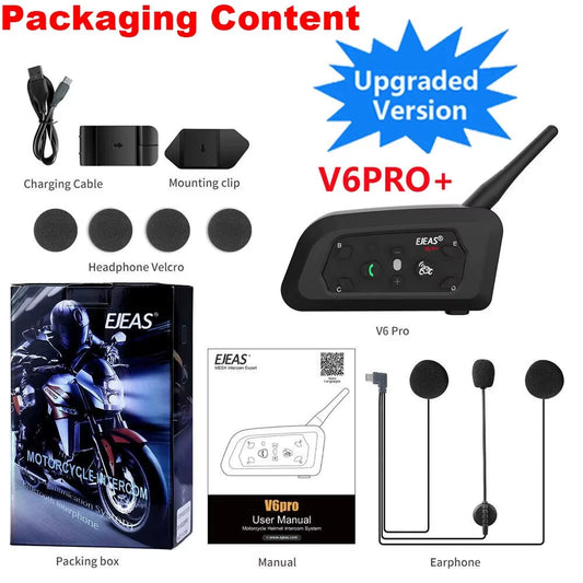 V6 PRO+ Motorcycle Helmet Headset Bluetooth Intercom Communicator 800M for 2 Riders IP65 Waterproof Music Interphone