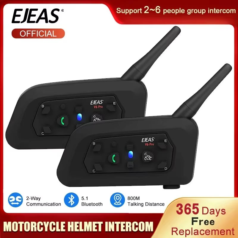V6 PRO+ Motorcycle Helmet Headset Bluetooth Intercom Communicator 800M for 2 Riders IP65 Waterproof Music Interphone