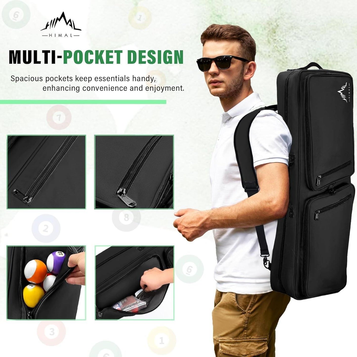 Pool Cue Case 4X4 Pool Stick Case with Multiple Pockets Holds 4 Butts 4 Shafts