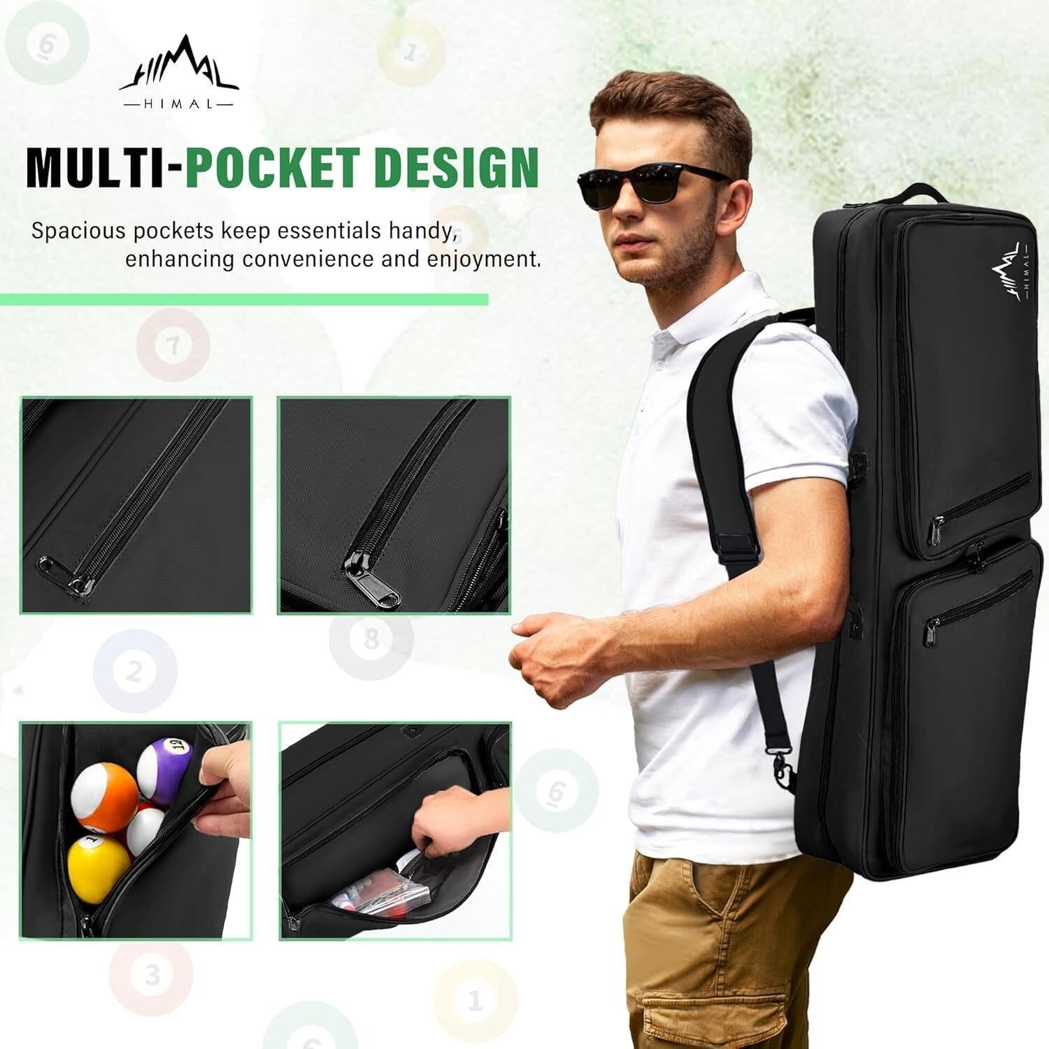 Pool Cue Case 4X4 Pool Stick Case with Multiple Pockets Holds 4 Butts 4 Shafts