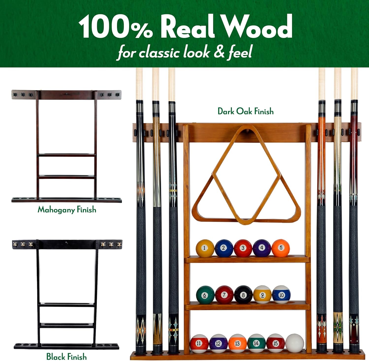 Pool Cue Rack - Billiard Pool Stick and Ball Holder Only - 100% Wood Wall Mount Holds 6 Cues and 16 Balls - Pool Table Accessories, Mahogany
