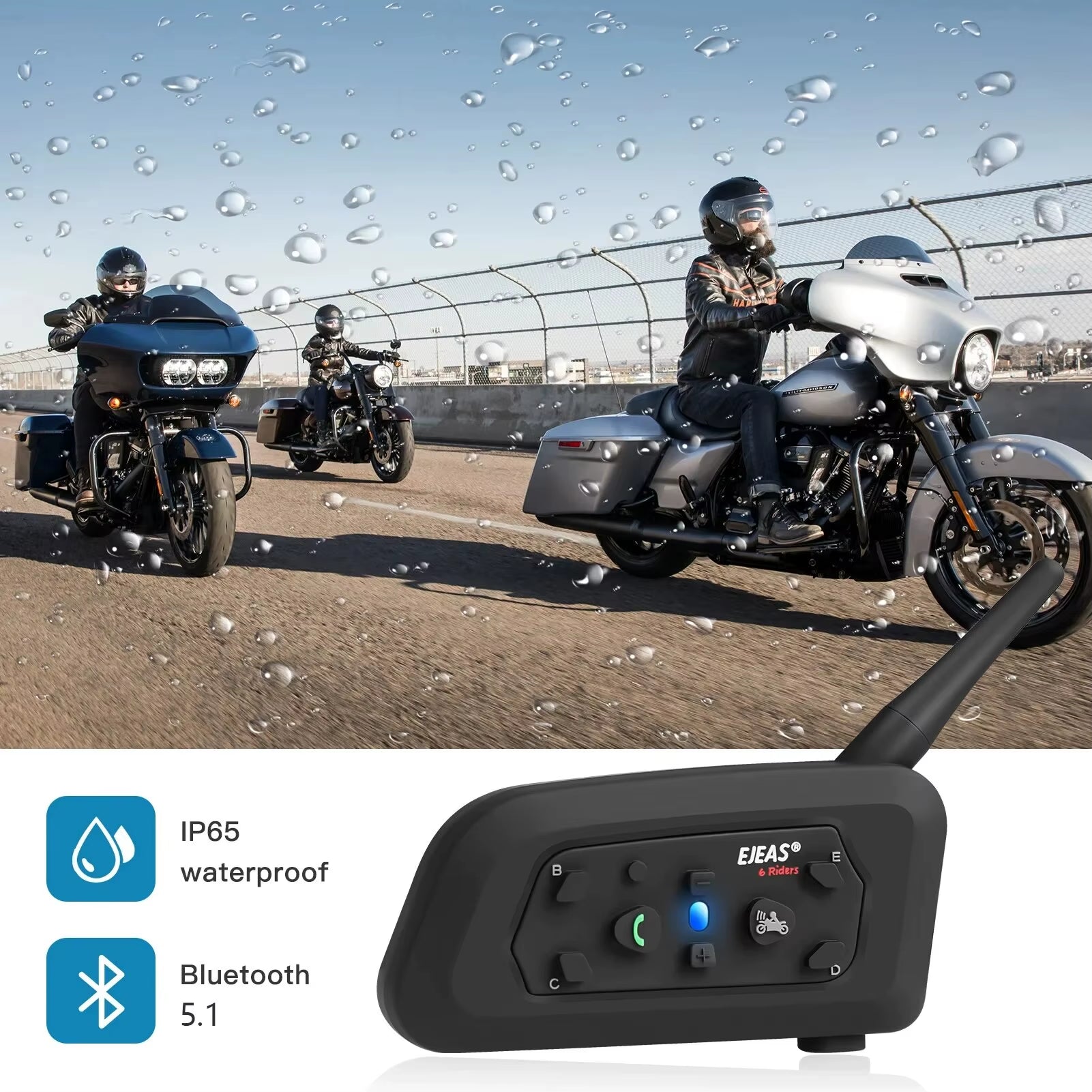 V6 PRO+ Motorcycle Helmet Headset Bluetooth Intercom Communicator 800M for 2 Riders IP65 Waterproof Music Interphone