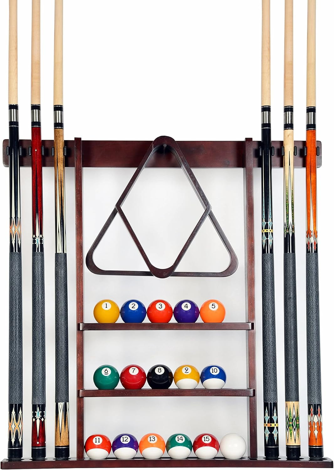 Pool Cue Rack - Billiard Pool Stick and Ball Holder Only - 100% Wood Wall Mount Holds 6 Cues and 16 Balls - Pool Table Accessories, Mahogany