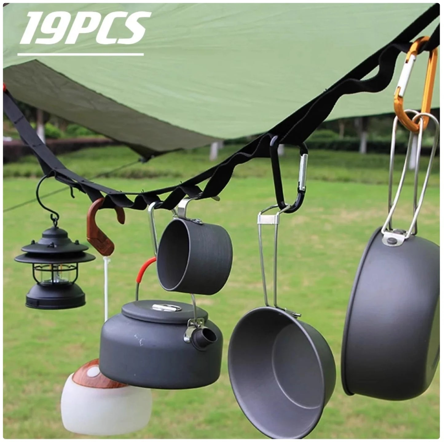 Versatile Camping Gear Organizer - Multi-Hook Lantern & Cookware Hanging Rope