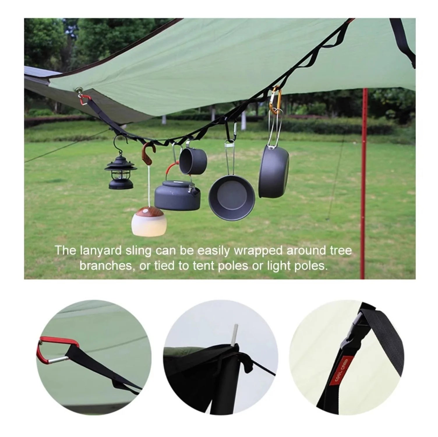 Versatile Camping Gear Organizer - Multi-Hook Lantern & Cookware Hanging Rope