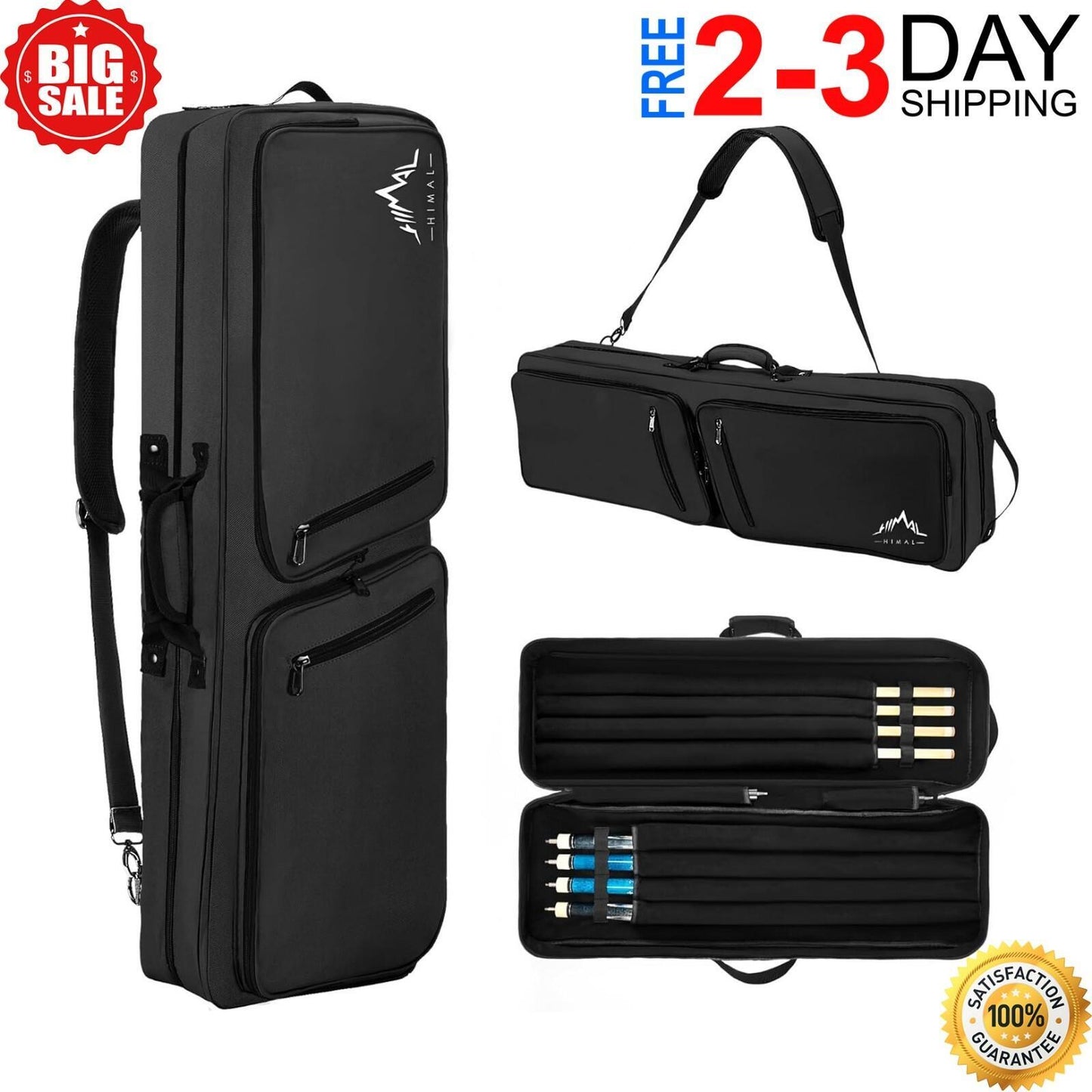 Pool Cue Case 4X4 Pool Stick Case with Multiple Pockets Holds 4 Butts 4 Shafts