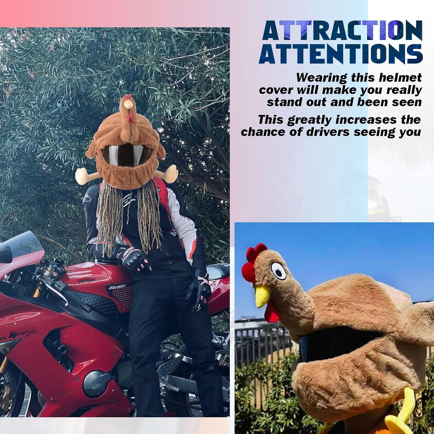 Cute Turkey Motorcycle Helmet Cover Soft Plush Full Face Helmet Sleeve Furry Fun Cartoon Animal Headcover Riding Gear for Motorcycle Personalized Protection Decoration with Keychain