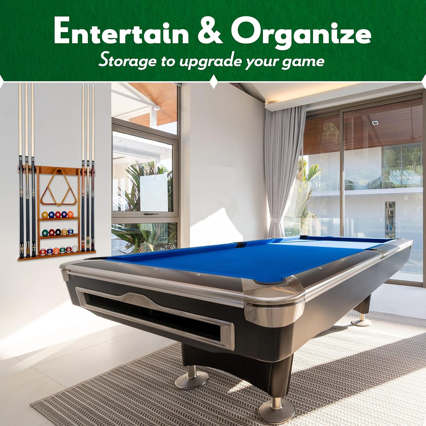 Pool Cue Rack - Billiard Pool Stick and Ball Holder Only - 100% Wood Wall Mount Holds 6 Cues and 16 Balls - Pool Table Accessories, Mahogany