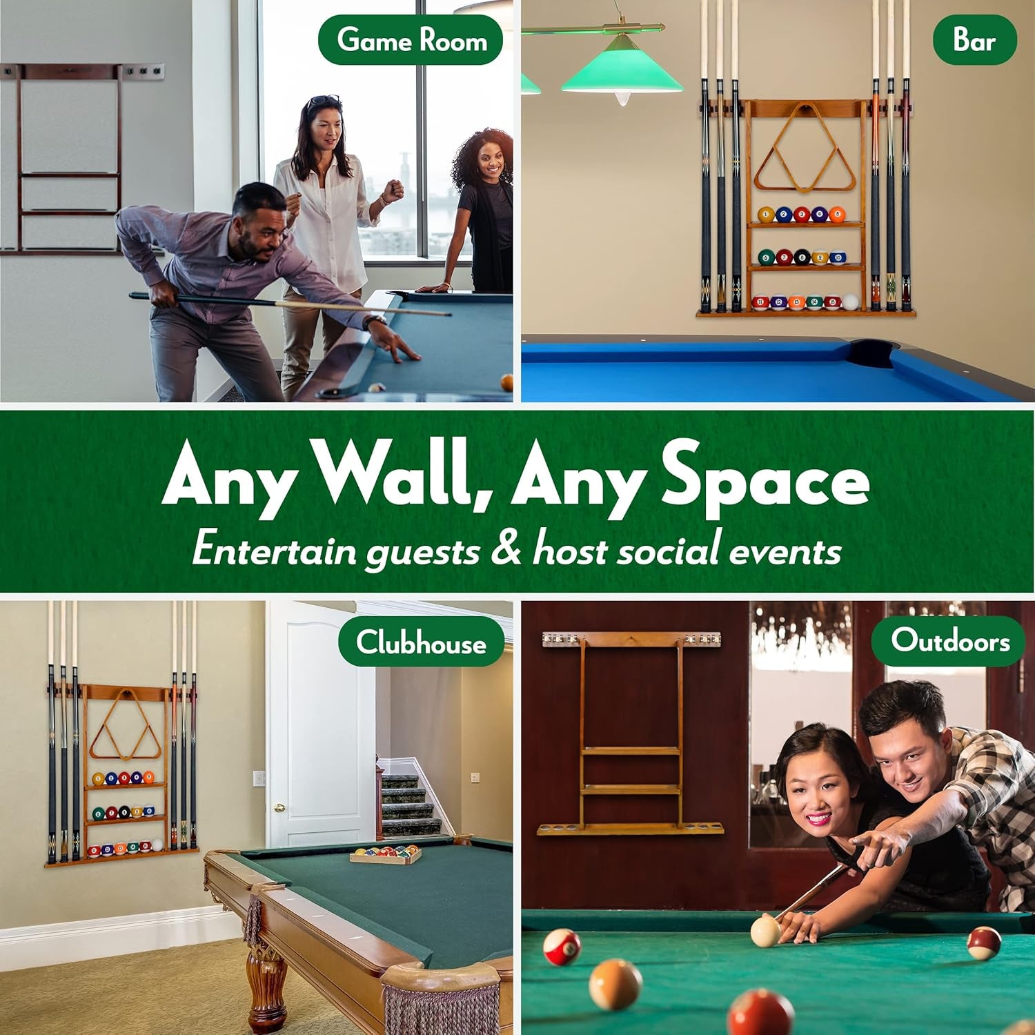 Pool Cue Rack - Billiard Pool Stick and Ball Holder Only - 100% Wood Wall Mount Holds 6 Cues and 16 Balls - Pool Table Accessories, Mahogany