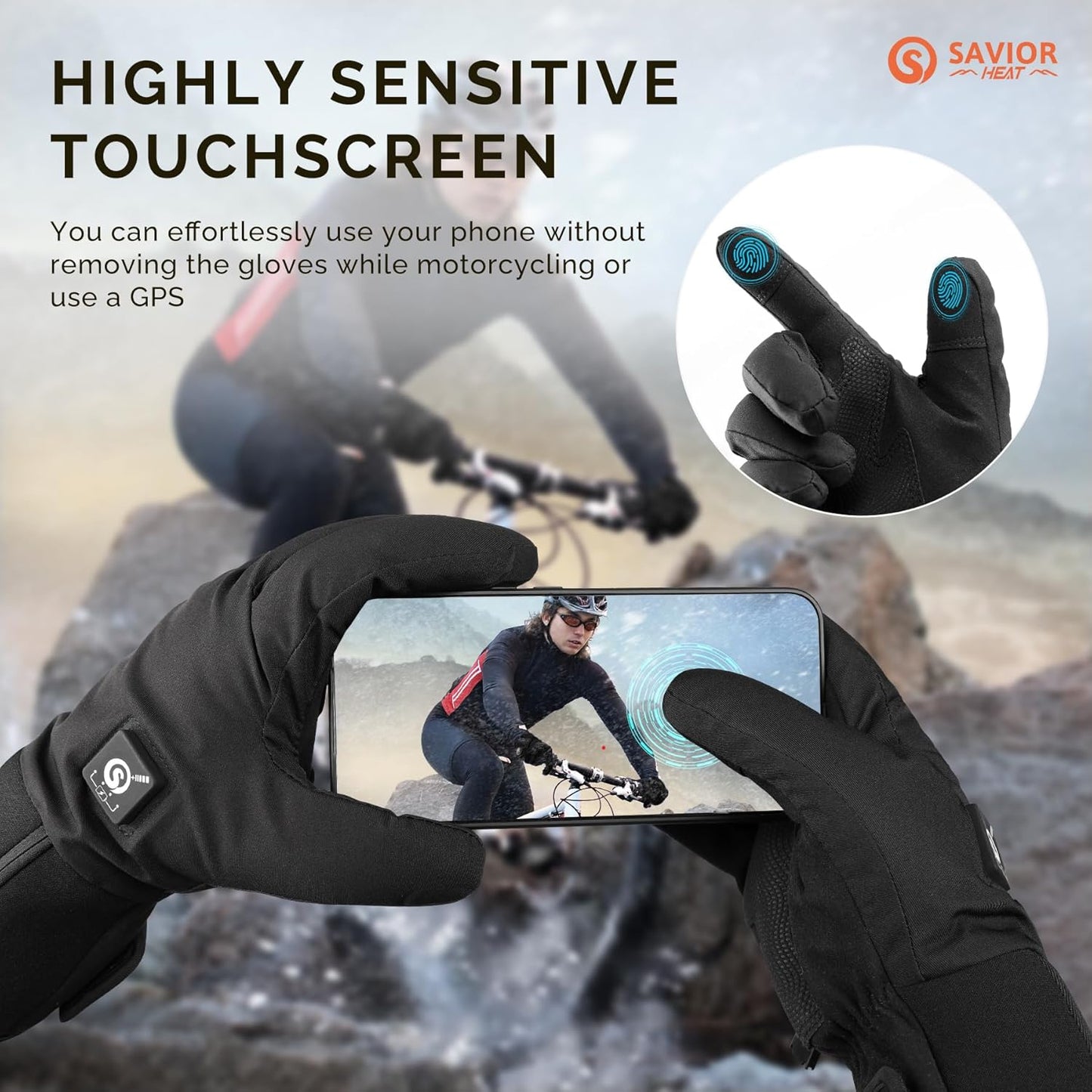 Heated Cycling Biking Gloves, Thin Electric Heated Gloves Men Women 7.4V Rechargeable Battery Cold Weather Motorcycling Working Hiking Camping Running Riding