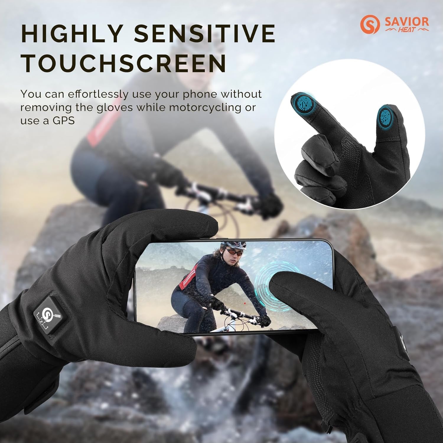 Heated Cycling Biking Gloves, Thin Electric Heated Gloves Men Women 7.4V Rechargeable Battery Cold Weather Motorcycling Working Hiking Camping Running Riding