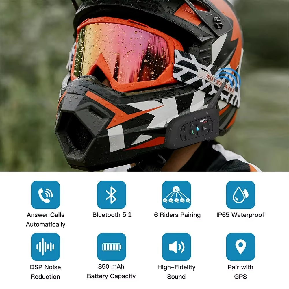 V6 PRO+ Motorcycle Helmet Headset Bluetooth Intercom Communicator 800M for 2 Riders IP65 Waterproof Music Interphone