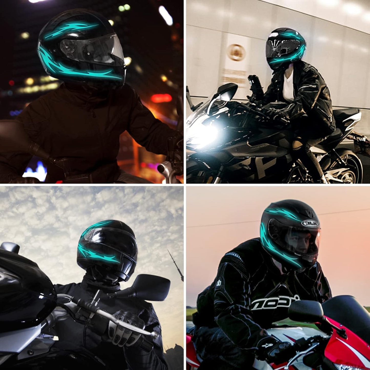 Unique Flame Shape 4PCS Rechargeable Motorcycle Helmet Light, Night Riding Signal Helmet EL Light, 3 Mode Led Helmet Light Strip Decoration Kit for Motorcycle(Rechargeable Powered，Ice Blue)