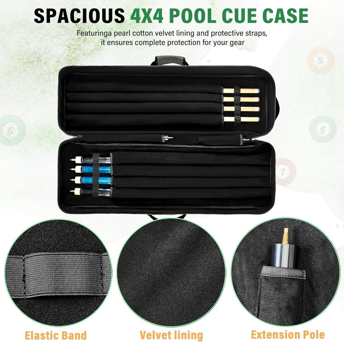 Pool Cue Case 4X4 Pool Stick Case with Multiple Pockets Holds 4 Butts 4 Shafts