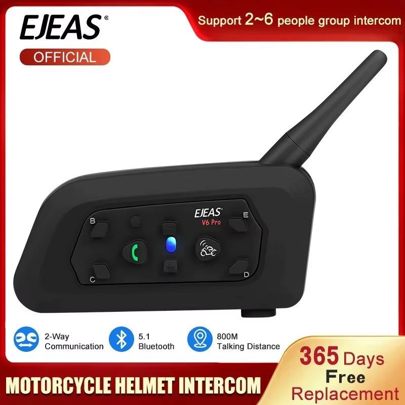 V6 PRO+ Motorcycle Helmet Headset Bluetooth Intercom Communicator 800M for 2 Riders IP65 Waterproof Music Interphone