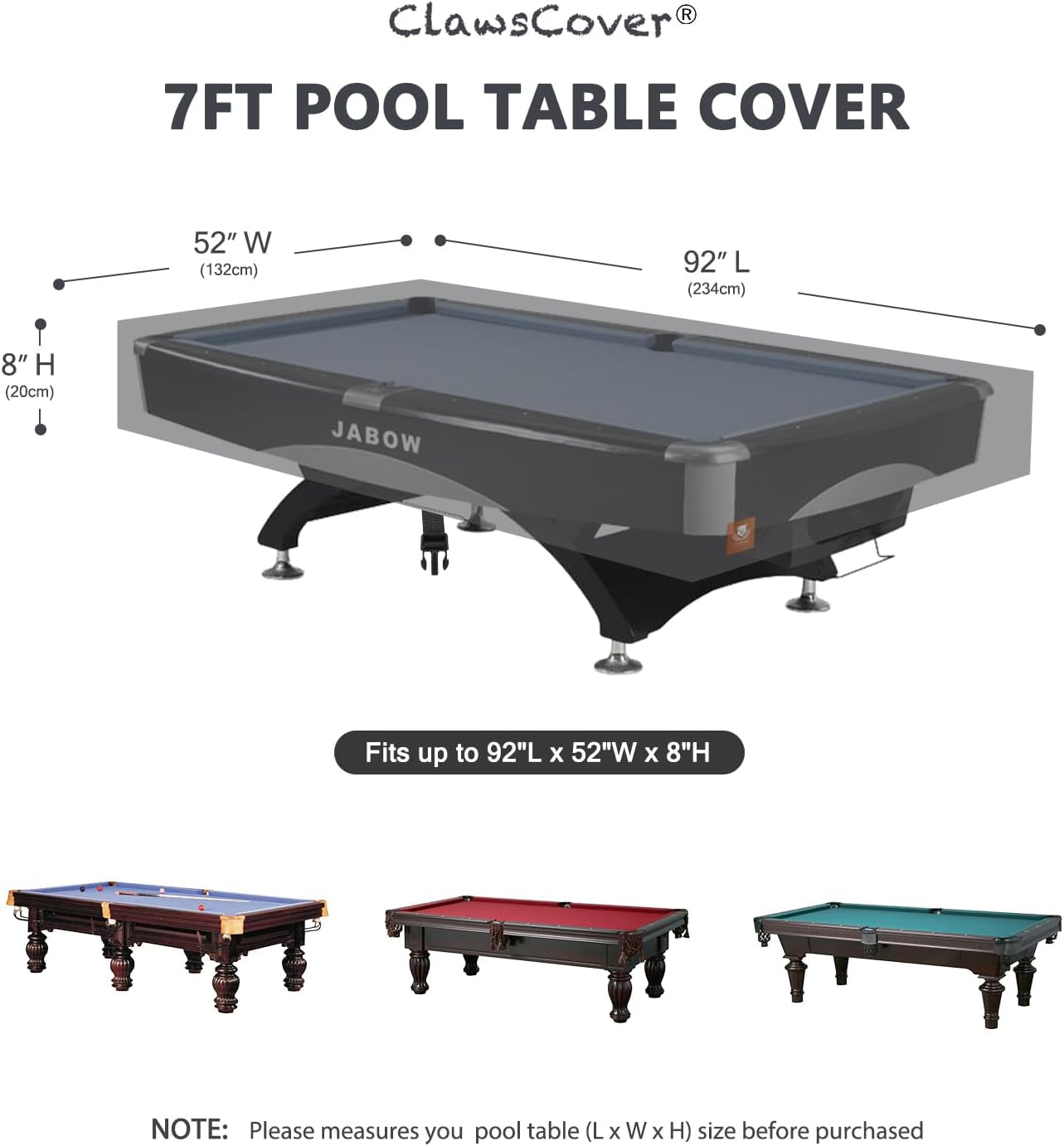 Clawscover Pool Table Cover 7/8/9 Feet,Heavy Duty Waterproof Scratch-Free 600D P