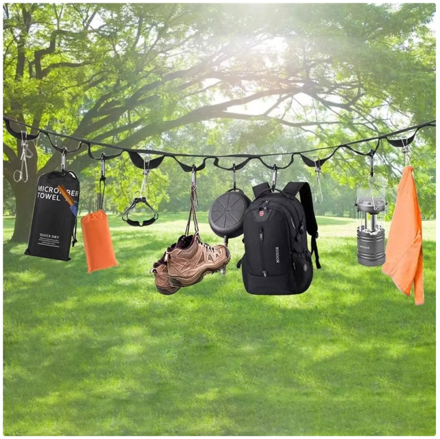 Versatile Camping Gear Organizer - Multi-Hook Lantern & Cookware Hanging Rope