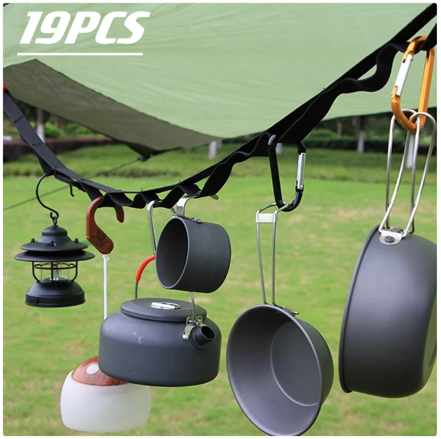 Versatile Camping Gear Organizer - Multi-Hook Lantern & Cookware Hanging Rope