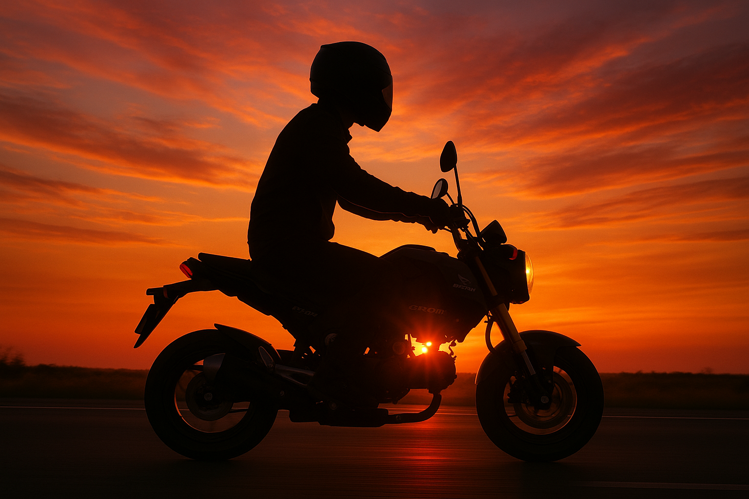 Man on Grom mini Riding into the sunset