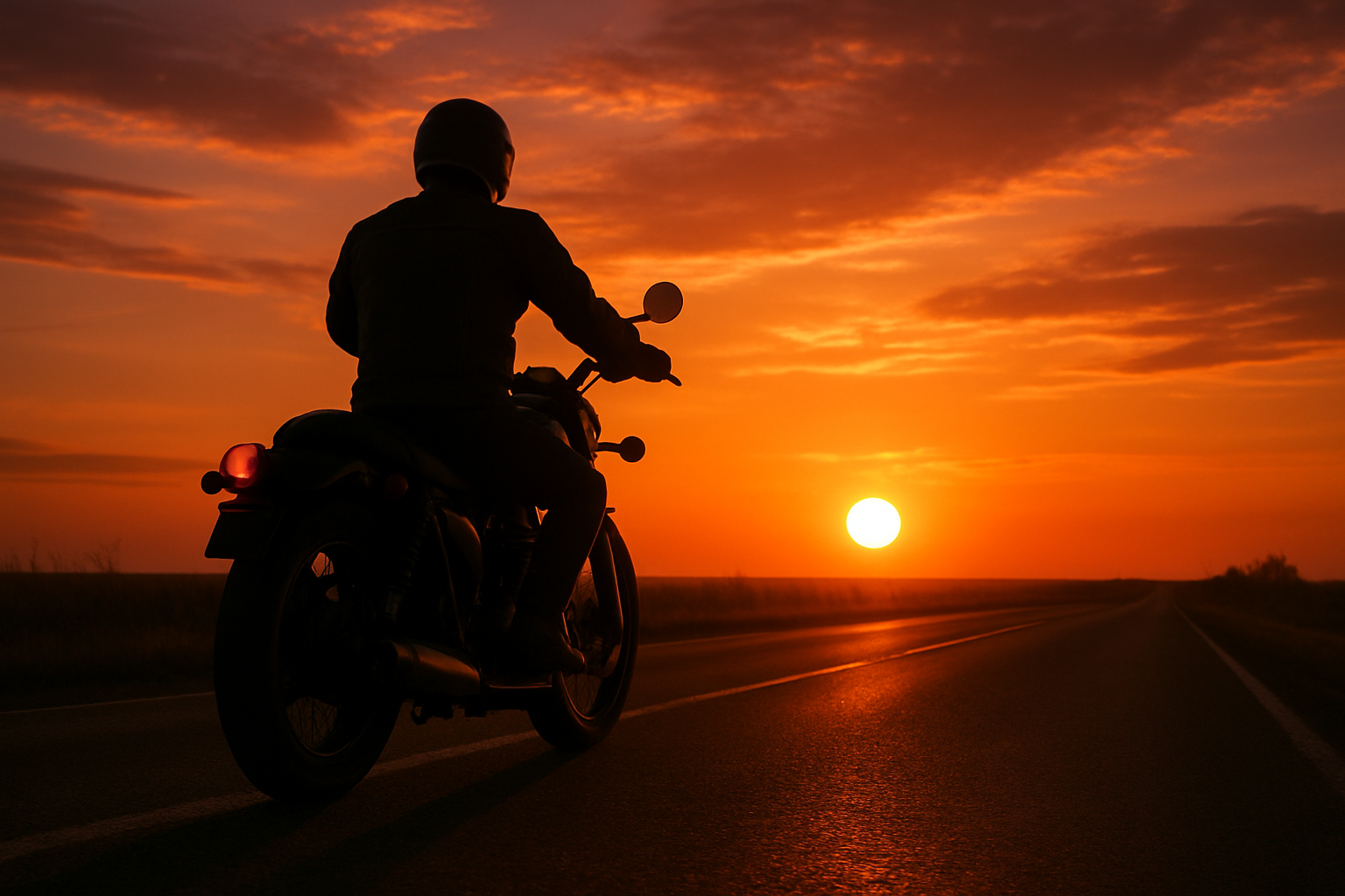 man on motorcycle riding into the sunset